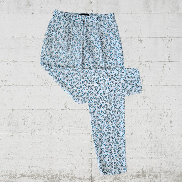 Theory White Blue Floral Silk Boho Mid Rise Tapered Womens Trousers Size 0 - Picture 1 of 10